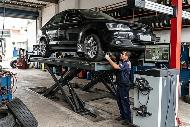 Equipamento de alinhamento de rodas sendo utilizado em Macaé.
