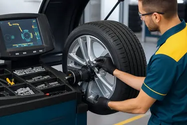 Máquina de balanceamento de rodas sendo utilizada em veículo na borracharia.