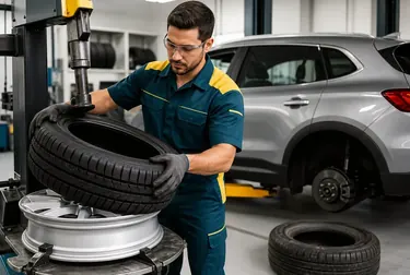 Profissional realizando a troca de um pneu em um veículo.