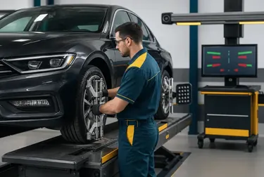 Técnico fazendo alinhamento de rodas em um carro na borracharia.