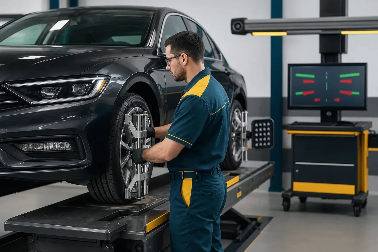 Técnico fazendo alinhamento de rodas em um carro na borracharia.