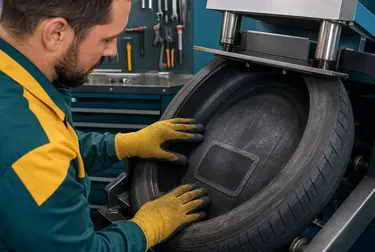 Técnico fazendo vulcanização de um pneu na borracharia.