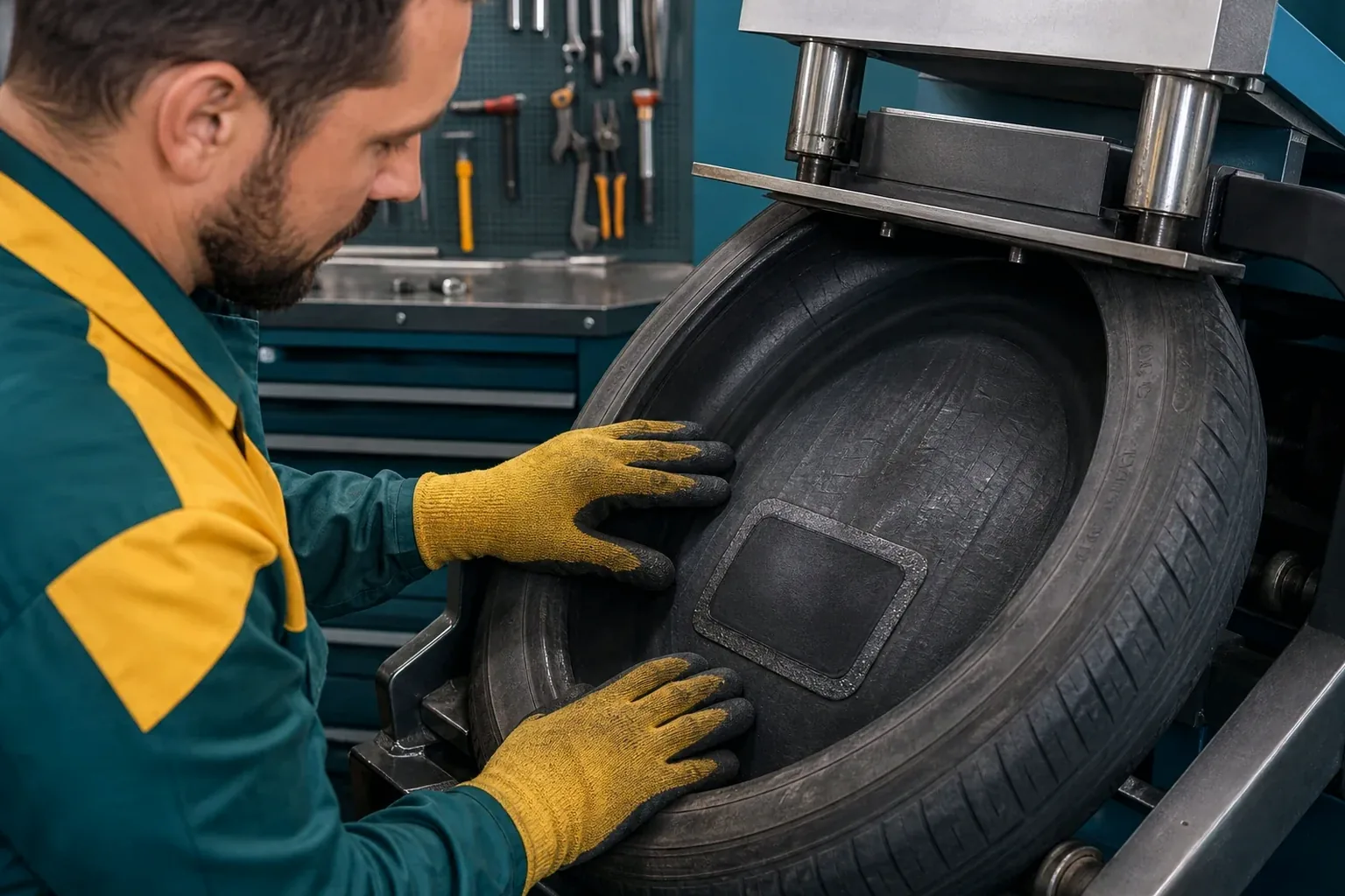 Técnico fazendo vulcanização de um pneu na borracharia.