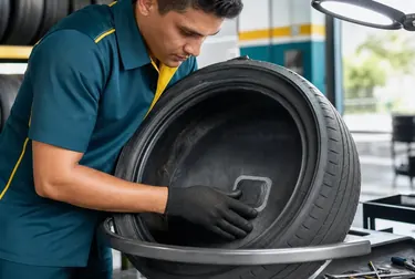 Técnico realizando conserto de pneus em uma borracharia.