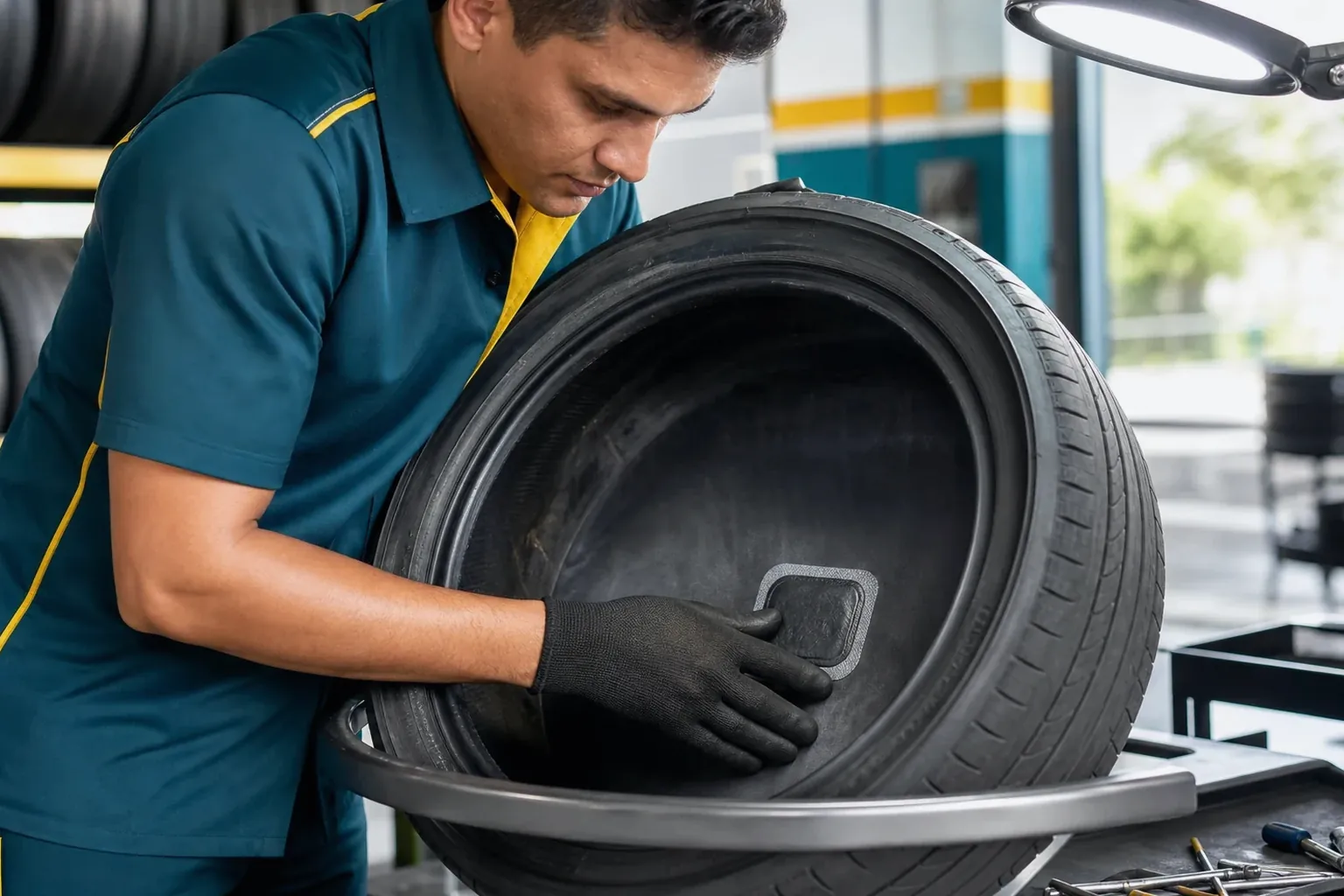 Técnico realizando conserto de pneus em uma borracharia.