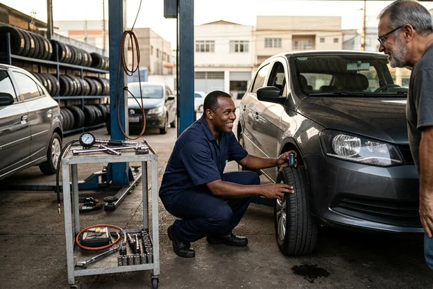 Técnico revisando pneus em uma borracharia.